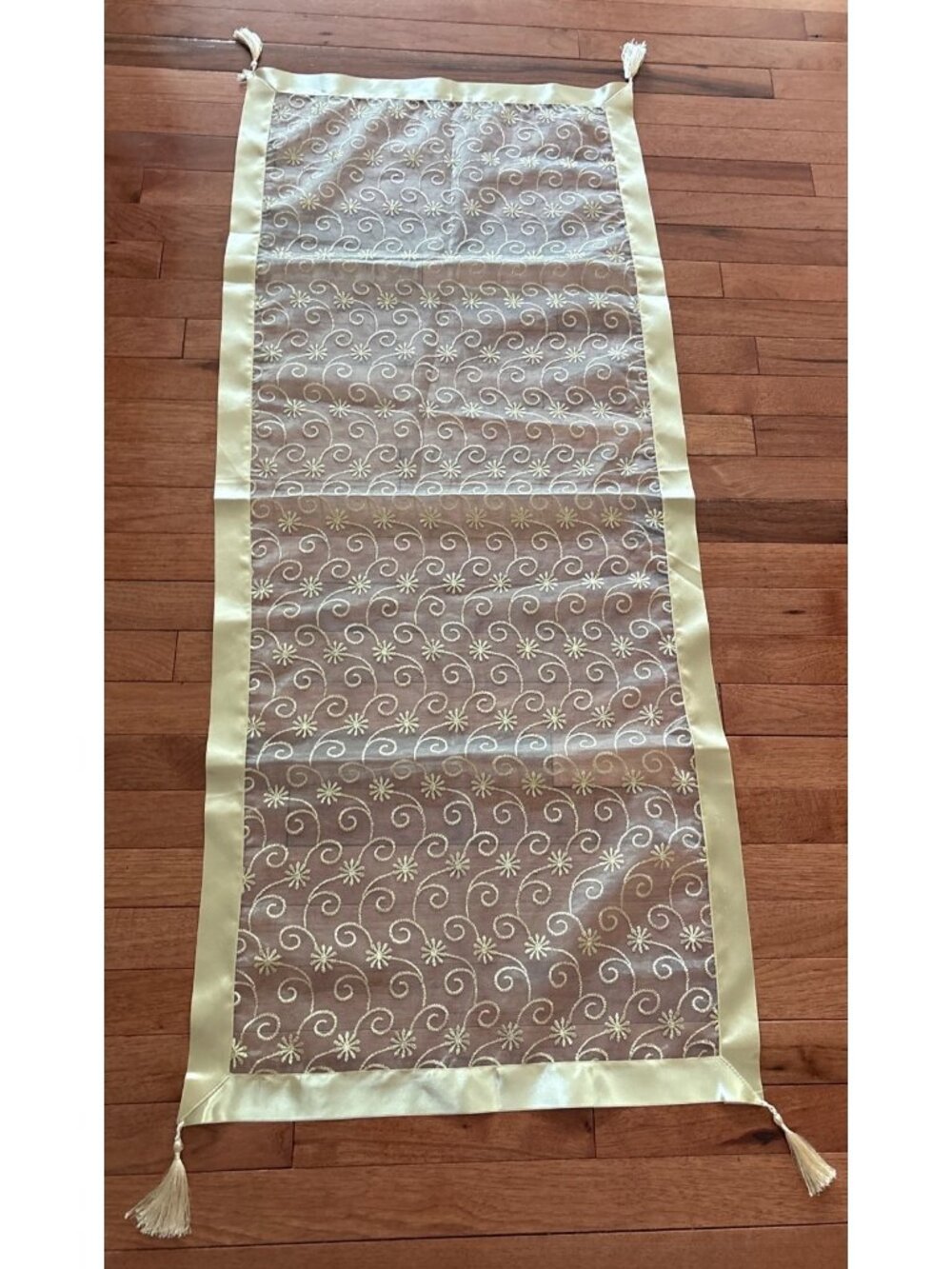 Sheer Embroidered Table Runner Tassels 21 x 52” Floral Swirl Design Ivory Gold